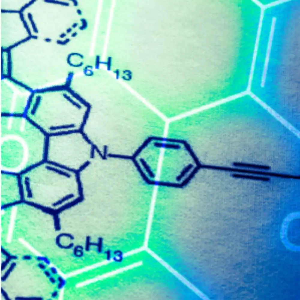 Scientific Consulting Close-up of chemical structural formulas and molecular diagrams on a blue and green background.