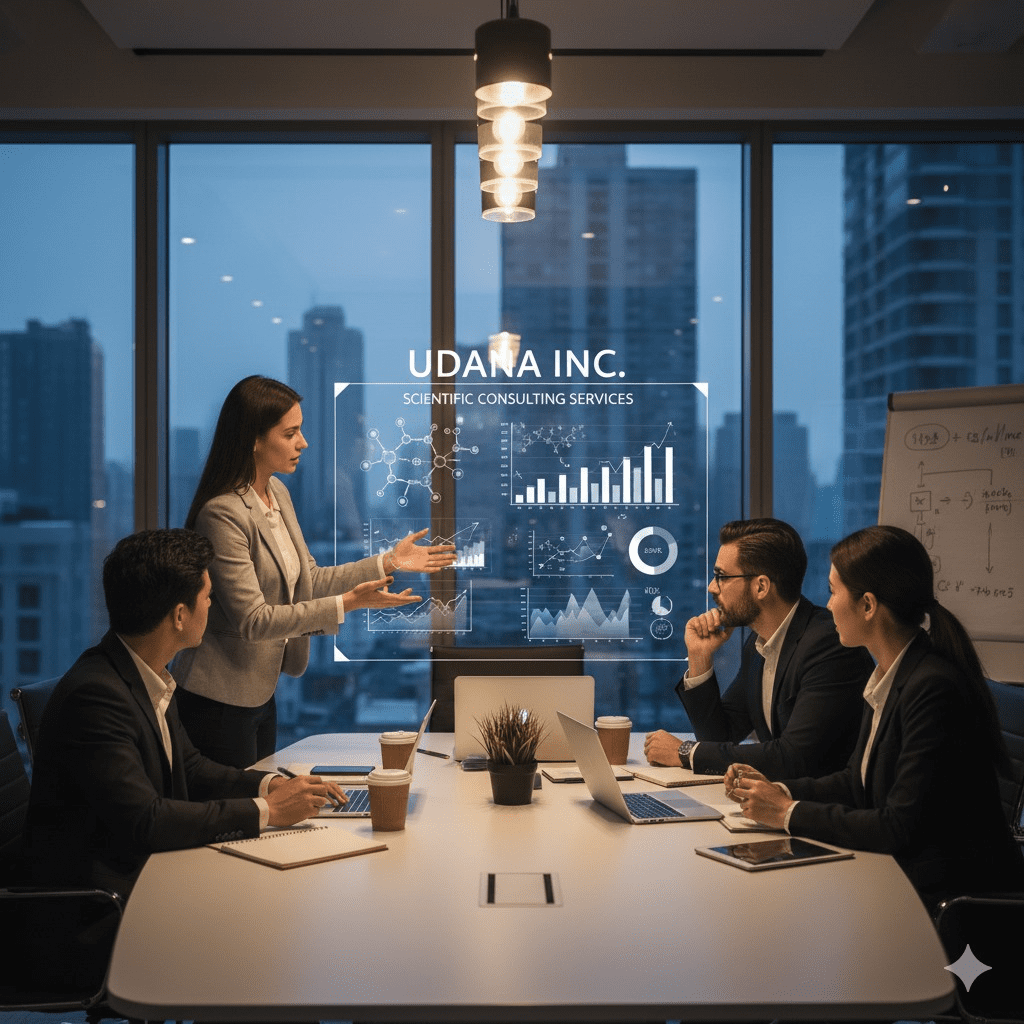 Udana Inc team presenting charts on a transparent digital screen during a boardroom meeting.